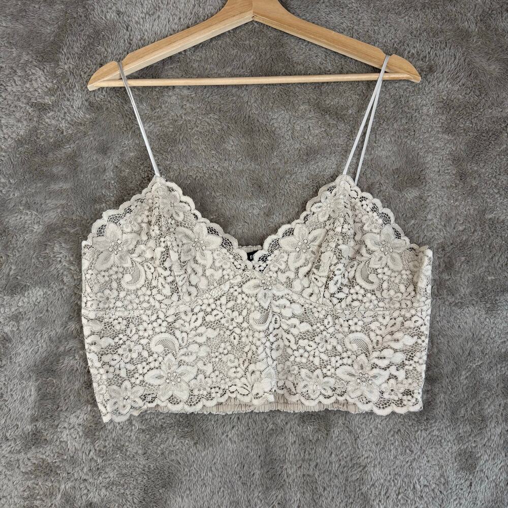 Express All Over Lace Cropped Cami Smocked Corset Crop Top Beige Taupe XL